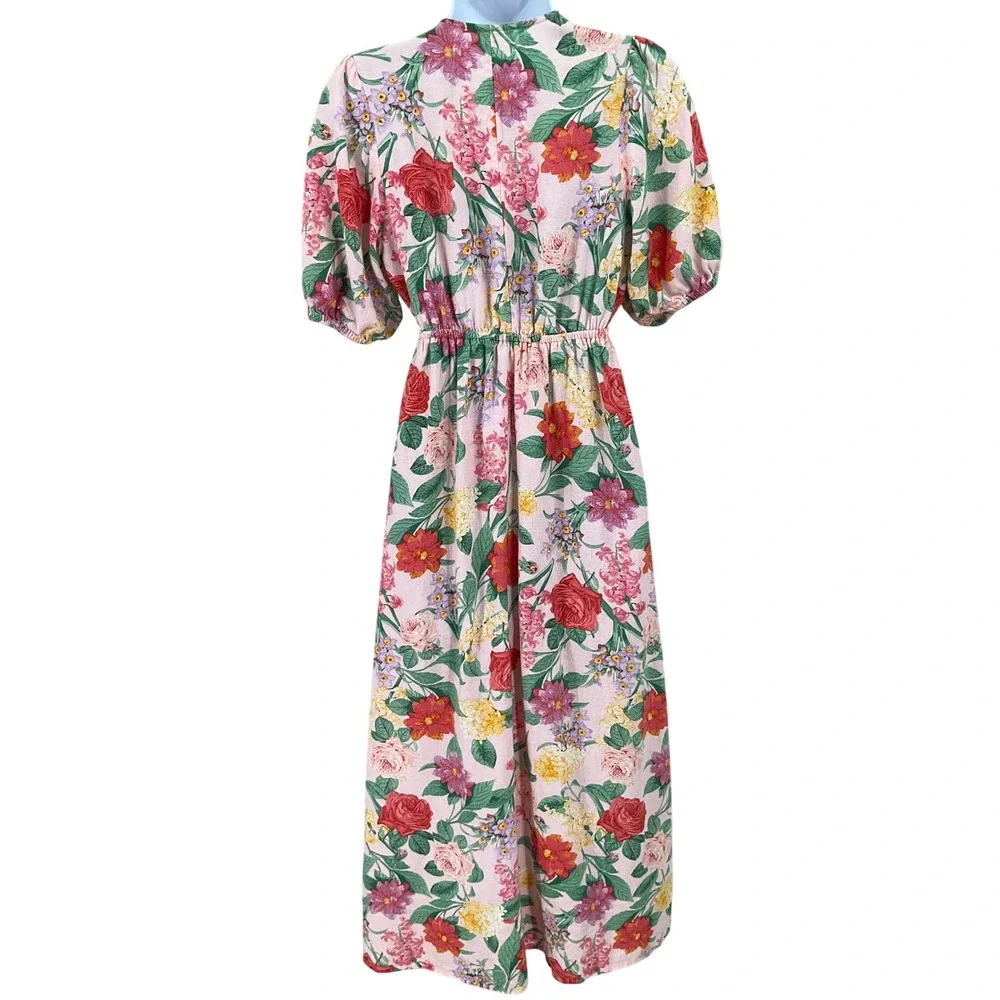Old Navy Dress Womens XS Pink Linen Floral Tie Front Cutout Midi Boho Romantic